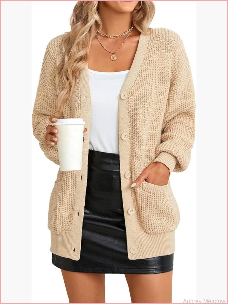 Oversized Button Down Cardigan With Pockets Cotton Knit Open Front Soft V Neck